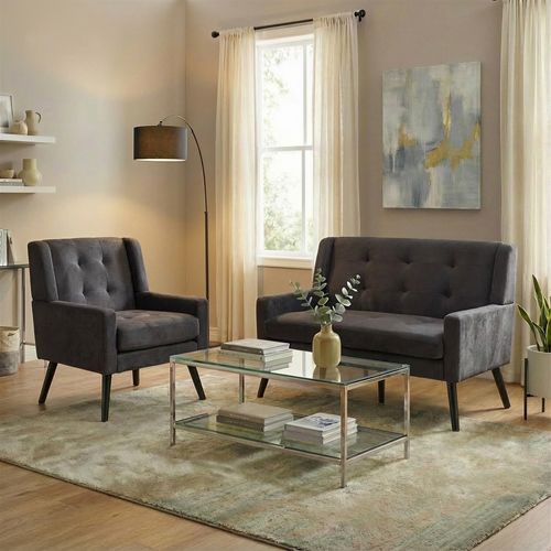 Set De 2 Banquette 2 Places Et Fauteuils En Lin Gris Foncé, Mousse Haute Densité, Pieds En Bois