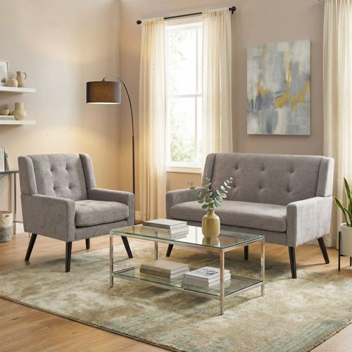 Set De 2 Banquette 2 Places Et Fauteuils En Lin Gris Clair, Mousse Haute Densité, Pieds En Bois