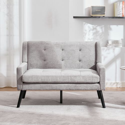 Set De 2 Banquette 2 Places Et Fauteuils En Lin Gris Clair, Mousse Haute Densité, Pieds En Bois