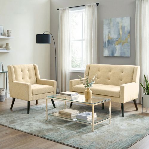 Set De 2 Banquette 2 Places Et Fauteuils En Lin Beige, Mousse Haute Densité, Pieds En Bois