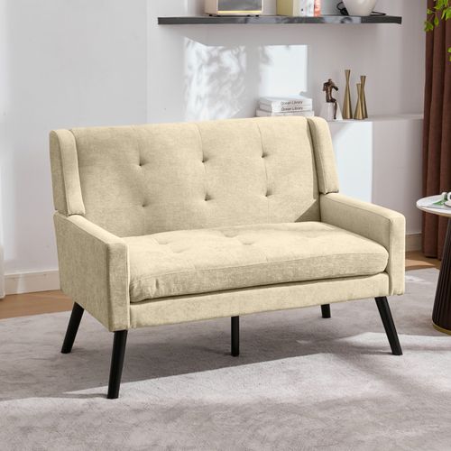 Set De 2 Banquette 2 Places Et Fauteuils En Lin Beige, Mousse Haute Densité, Pieds En Bois