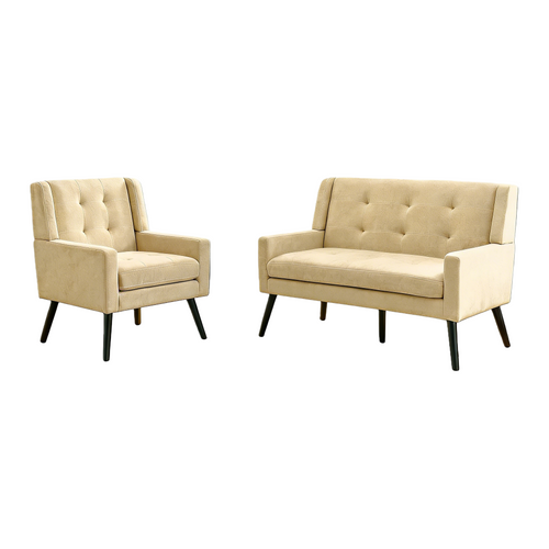 Set De 2 Banquette 2 Places Et Fauteuils En Lin Beige, Mousse Haute Densité, Pieds En Bois