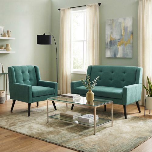Set De 2 Banquette 2 Places Et Fauteuils En Lin Vert, Mousse Haute Densité, Pieds En Bois