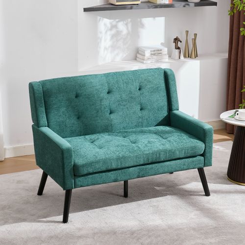 Set De 2 Banquette 2 Places Et Fauteuils En Lin Vert, Mousse Haute Densité, Pieds En Bois