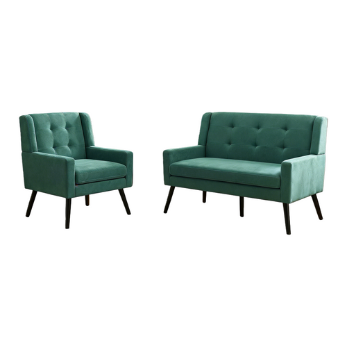 Set De 2 Banquette 2 Places Et Fauteuils En Lin Vert, Mousse Haute Densité, Pieds En Bois