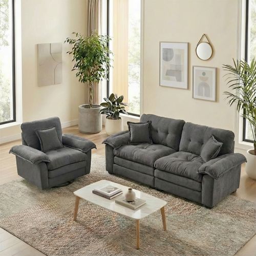 Canapé 2 Places Et Fauteuil, 2 Pièces En Tissu Chenille Gris, Assise Profonde Avec Coussins