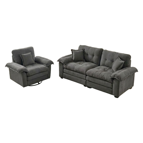 Canapé 2 Places Et Fauteuil, 2 Pièces En Tissu Chenille Gris, Assise Profonde Avec Coussins