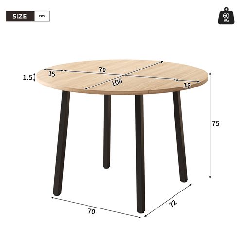 Table à Manger Ronde Pliante 100 Cm, Pieds Métal, Couleur Bois Chêne, Pour 2-4 Personnes