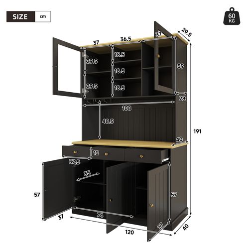 Buffet De Cuisine Haut 191 Cm Avec Portes Vitrées, 3 Tiroirs, Porte-verres Et Prises USB, Noir