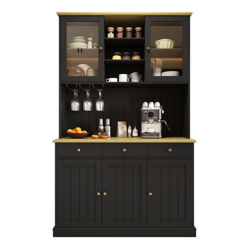 Buffet De Cuisine Haut 191 Cm Avec Portes Vitrées, 3 Tiroirs, Porte-verres Et Prises USB, Noir