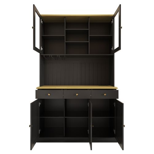 Buffet De Cuisine Haut 191 Cm Avec Portes Vitrées, 3 Tiroirs, Porte-verres Et Prises USB, Noir