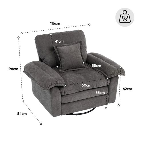 Fauteuil Pivotant 360° En Tissu Gris Avec Coussin De Soutien, Salon, Chambre Et Bureau