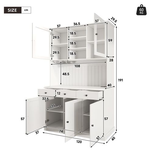 Buffet De Cuisine Haut 191 Cm Avec Portes Vitrées, 3 Tiroirs, Porte-verres Et Prises USB, Blanc