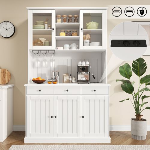 Buffet De Cuisine Haut 191 Cm Avec Portes Vitrées, 3 Tiroirs, Porte-verres Et Prises USB, Blanc