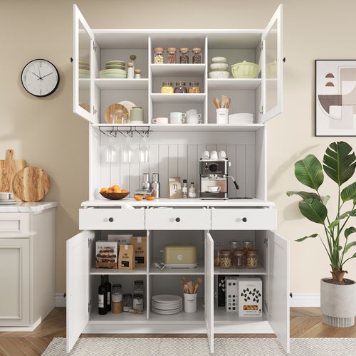 Buffet De Cuisine Haut 191 Cm Avec Portes Vitrées, 3 Tiroirs, Porte-verres Et Prises USB, Blanc