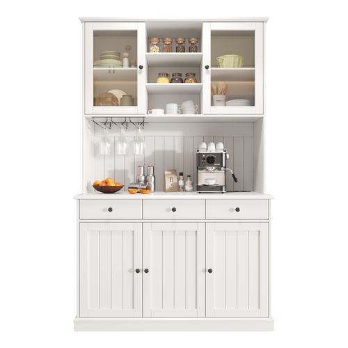 Buffet De Cuisine Haut 191 Cm Avec Portes Vitrées, 3 Tiroirs, Porte-verres Et Prises USB, Blanc