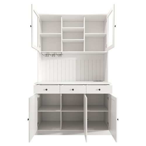 Buffet De Cuisine Haut 191 Cm Avec Portes Vitrées, 3 Tiroirs, Porte-verres Et Prises USB, Blanc