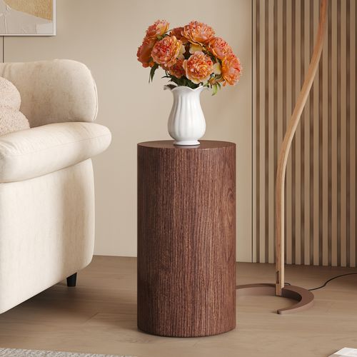 Bout De Canapé Rond Colonne Décorative H55 Cm, Effet Bois Noyer – Table D’appoint Pour Salon