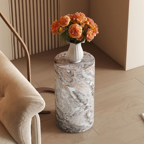 Bout De Canapé Rond Colonne Décorative H55 Cm, Effet Marbre Gris – Table D’appoint Pour Salon