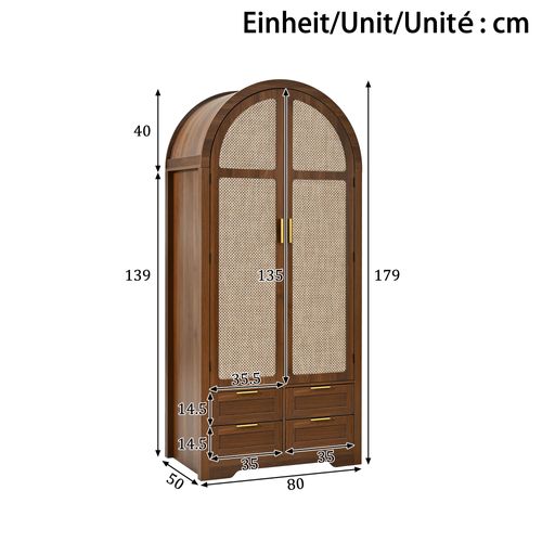 Armoire Penderie 80x50x179 Cm Bois Noyer Avec Portes Courbées Et 4 Tiroirs