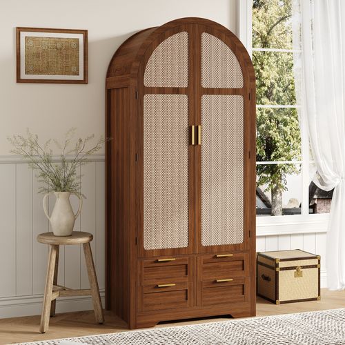 Armoire Penderie 80x50x179 Cm Bois Noyer Avec Portes Courbées Et 4 Tiroirs