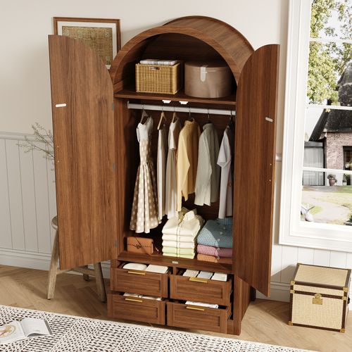 Armoire Penderie 80x50x179 Cm Bois Noyer Avec Portes Courbées Et 4 Tiroirs