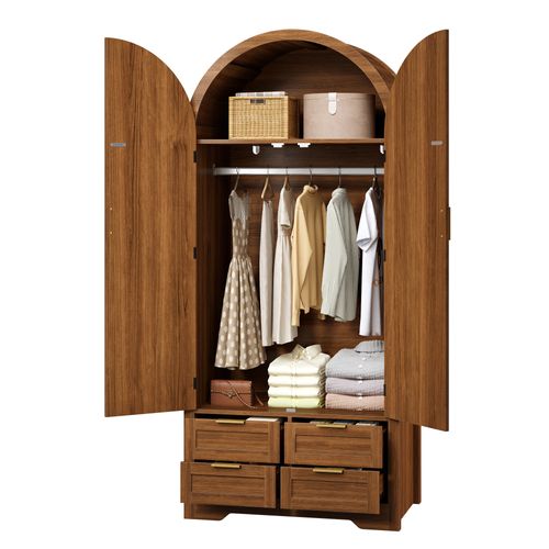 Armoire Penderie 80x50x179 Cm Bois Noyer Avec Portes Courbées Et 4 Tiroirs
