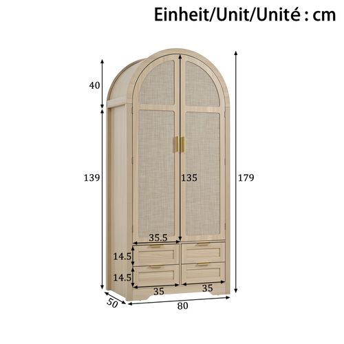 Armoire 80x50x179 Cm Bois Coloris Chêne Avec Rangement, Portes Incurvées Et 4 Tiroirs