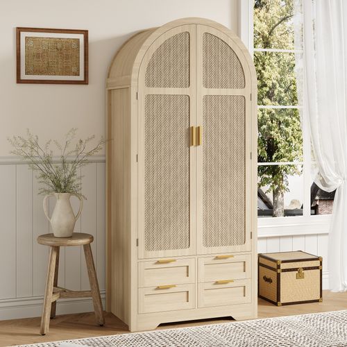 Armoire 80x50x179 Cm Bois Coloris Chêne Avec Rangement, Portes Incurvées Et 4 Tiroirs