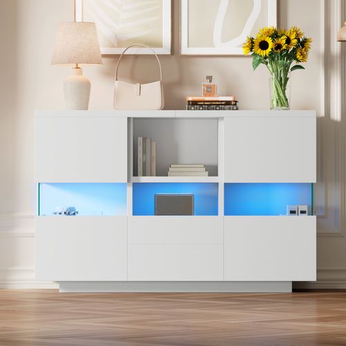 Buffet LED Blanc 140x35x75 Cm Avec Vitrine Verre Et 2 Tiroirs, Salon Et Chambre