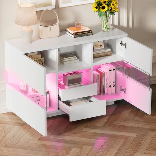 Buffet LED Blanc 140x35x75 Cm Avec Vitrine Verre Et 2 Tiroirs, Salon Et Chambre