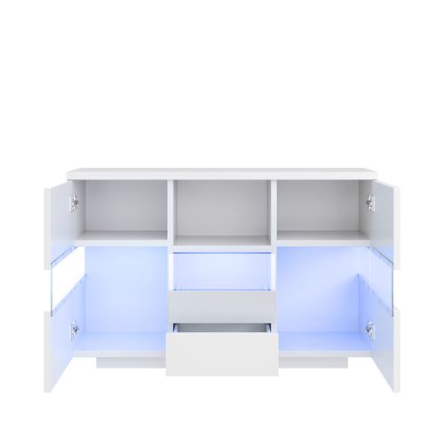 Buffet LED Blanc 140x35x75 Cm Avec Vitrine Verre Et 2 Tiroirs, Salon Et Chambre