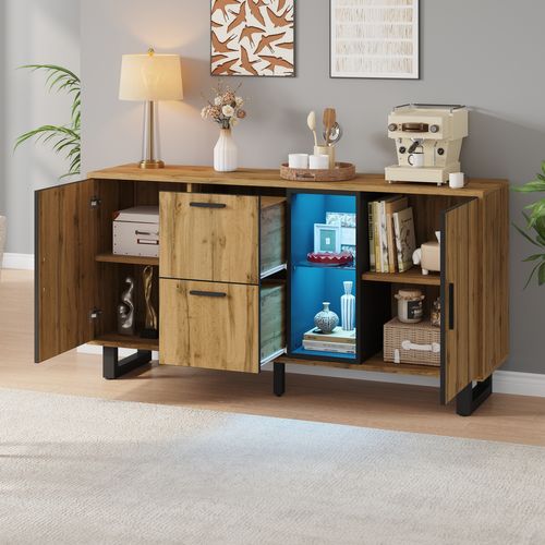 Buffet 160x40x73 Cm Naturel Et Noir Avec LED, 2 Tiroirs Et 2 Portes, Compartiments