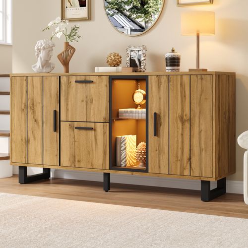Buffet 160x40x73 Cm Naturel Et Noir Avec LED, 2 Tiroirs Et 2 Portes, Compartiments