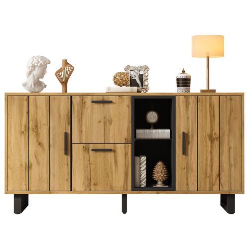 Buffet 160x40x73 Cm Naturel Et Noir Avec LED, 2 Tiroirs Et 2 Portes, Compartiments