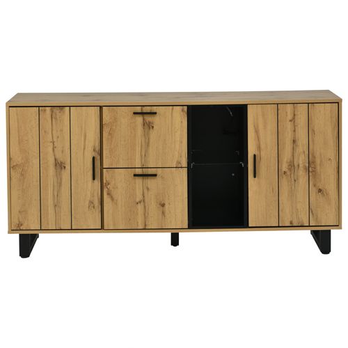 Buffet 160x40x73 Cm Naturel Et Noir Avec LED, 2 Tiroirs Et 2 Portes, Compartiments
