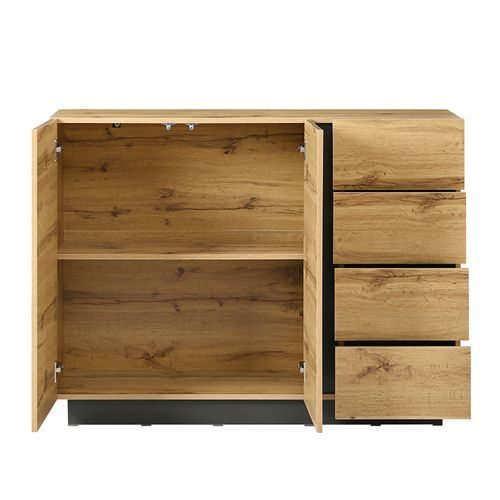 Buffet Bois Naturel Et Noir Avec 4 Tiroirs Et 2 Portes 110x35,5x90,5 Cm, Salon Et Entrée