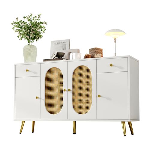 Buffet Blanc Et Bois Naturel Avec 2 Tiroirs Et 4 Portes 140x35x82 Cm, Salon Et Entrée