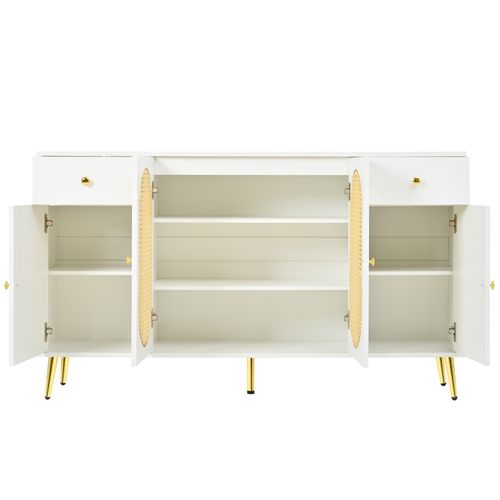 Buffet Blanc Et Bois Naturel Avec 2 Tiroirs Et 4 Portes 140x35x82 Cm, Salon Et Entrée