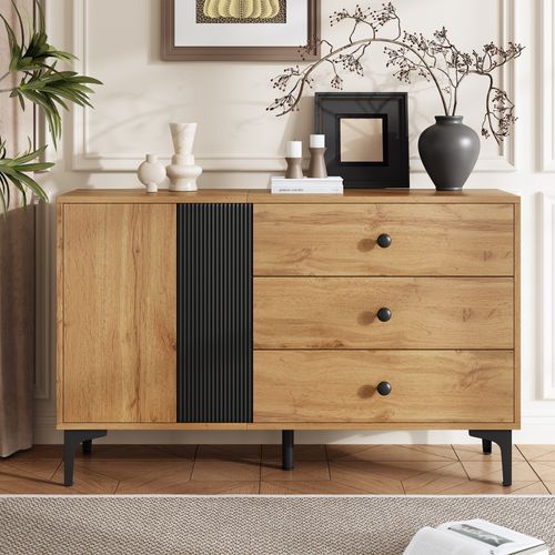 Buffet Avec 3 Tiroirs Et 2 Portes 120x35x76 Cm Bois Naturel Et Noir, Salon Et Entrée