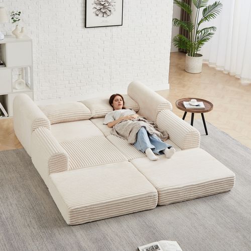 Canapé Convertible D'angle 2 Places En Velours Côtelé Beige Avec Poufs Amovible