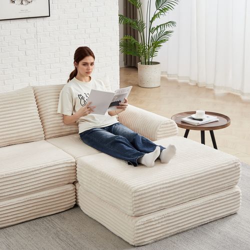 Canapé Convertible D'angle 2 Places En Velours Côtelé Beige Avec Poufs Amovible