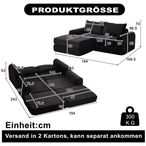 Canapé Convertible D'angle 2 Places En Velours Côtelé Noir Avec Poufs Amovible