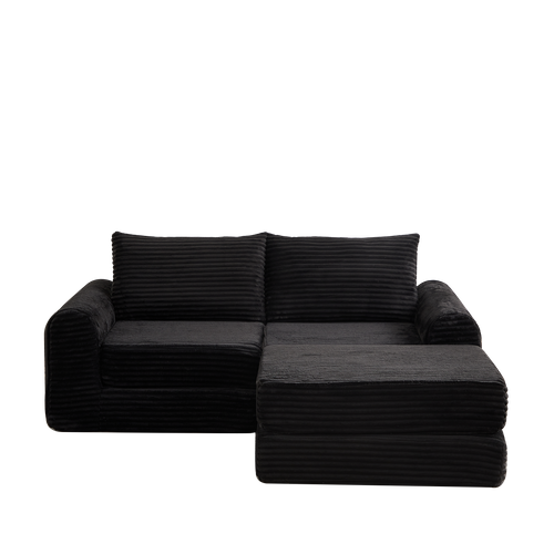 Canapé Convertible D'angle 2 Places En Velours Côtelé Noir Avec Poufs Amovible