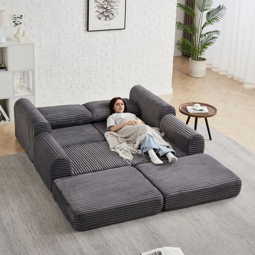 Canapé Convertible D'angle 2 Places En Velours Côtelé Gris Avec Poufs Amovible