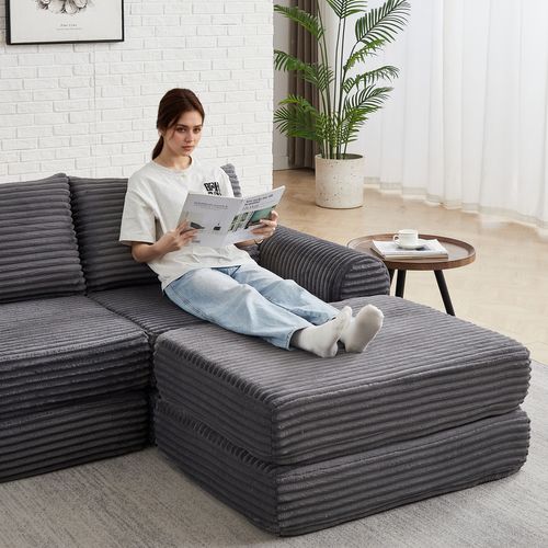 Canapé Convertible D'angle 2 Places En Velours Côtelé Gris Avec Poufs Amovible