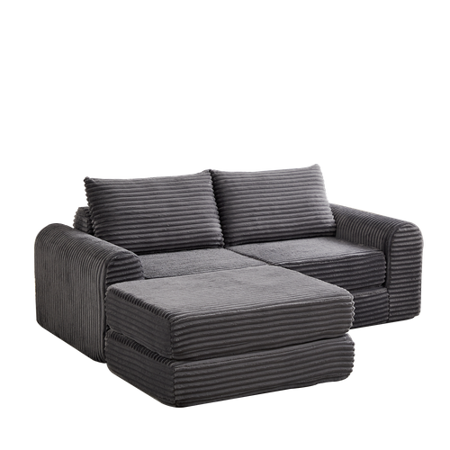 Canapé Convertible D'angle 2 Places En Velours Côtelé Gris Avec Poufs Amovible