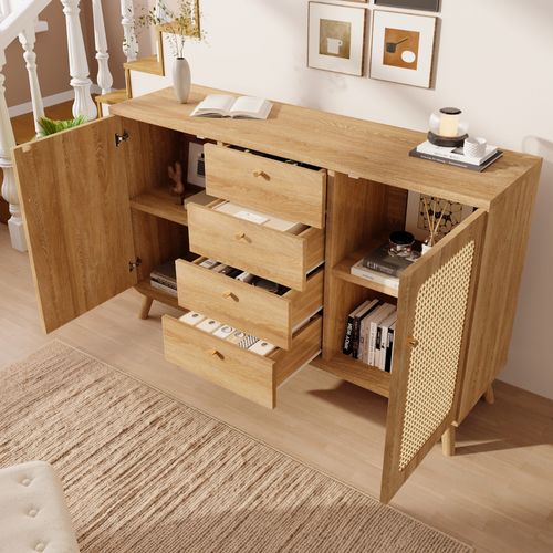 Buffet Bois Chêne Clair Avec 4 Tiroirs Et 2 Portes 140x40x86 Cm, Salon Et Entrée