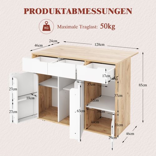 Desserte De Cuisine Sur Roulettes Plateau Rabattant Avec Tiroirs Et Portes, Bois Et Blanc