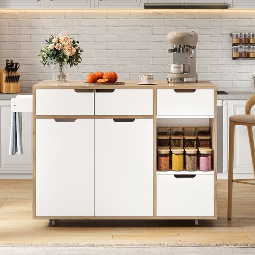 Desserte De Cuisine Sur Roulettes Plateau Rabattant Avec Tiroirs Et Portes, Bois Et Blanc